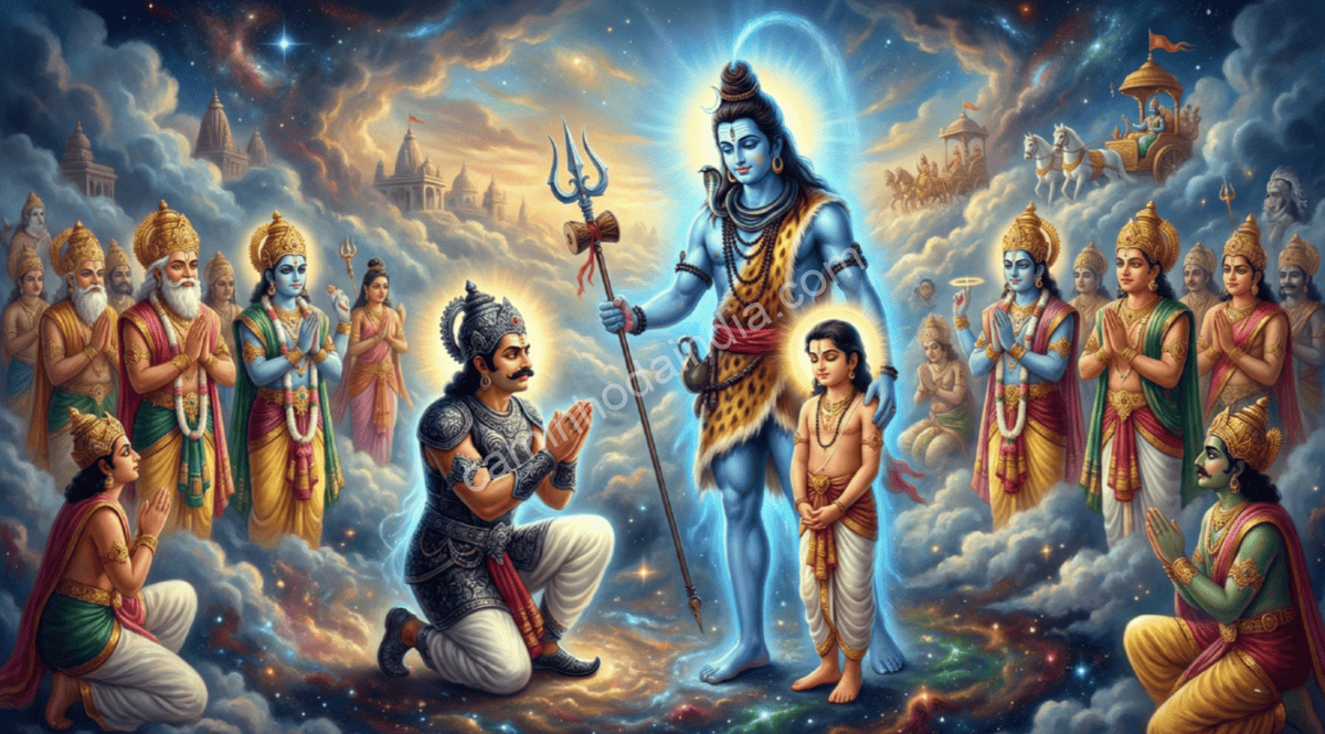 shiva-perdoa-yama-intervencao-dos-deuses Shiva perdoando Yama depois que os deuses imploram para restaurar o equilíbrio do universo