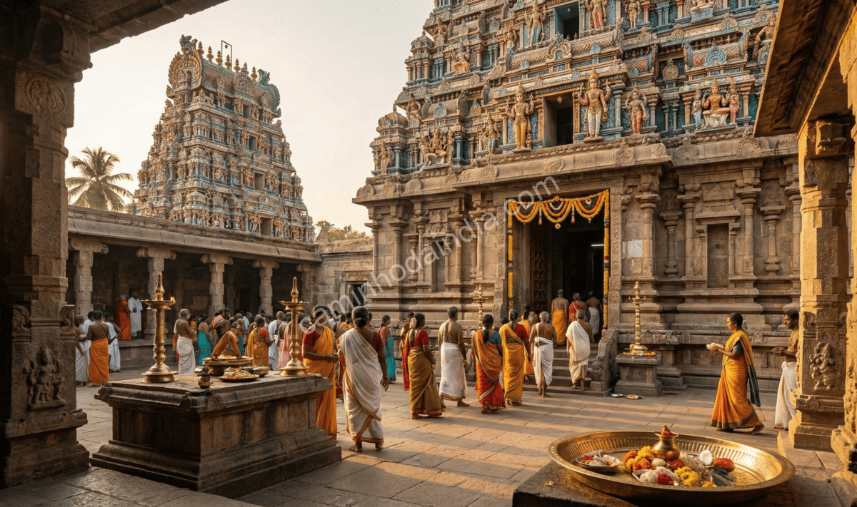 templo-thirukkadaiyur-shiva-protege-markandeya-tamil-nadu Templo de Thirukkadaiyur em Tamil Nadu, onde Shiva protegeu Markandeya de Yama; local sagrado com esculturas Chola e rituais de longevidade