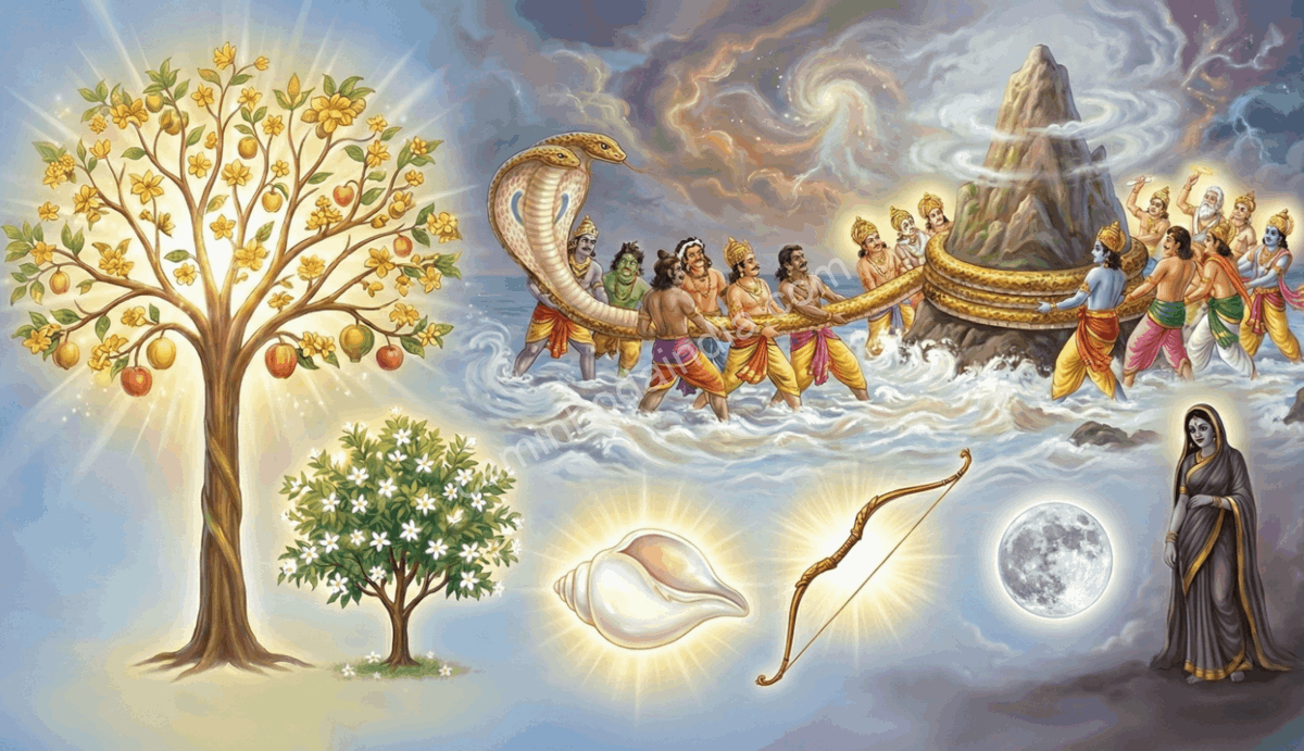 Kalpavriksha, Parijat, Shankha, Sharanga, Chandra e Jyestha emergindo do oceano durante o Samudra Manthan