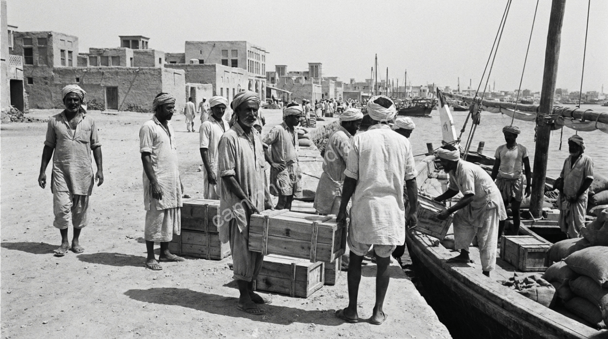 Trabalhadores indianos atuando no porto de Dubai durante a década de 1950, em uma imagem histórica em preto e branco.