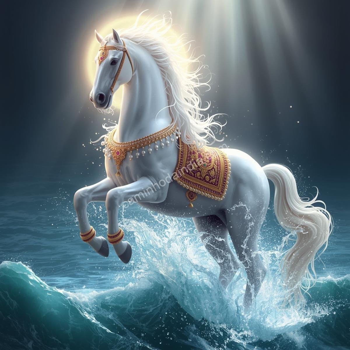 uchhaishravas-emergindo-samudra-manthan Uchhaishravas emergindo do oceano durante o Samudra Manthan