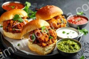 Vada pav servido com chutney verde e vermelho, um lanche de rua tradicional de Mumbai