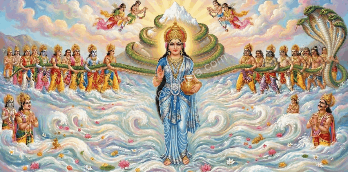 Varuni emergindo do oceano durante o Samudra Manthan como deusa do néctar e do prazer moderado