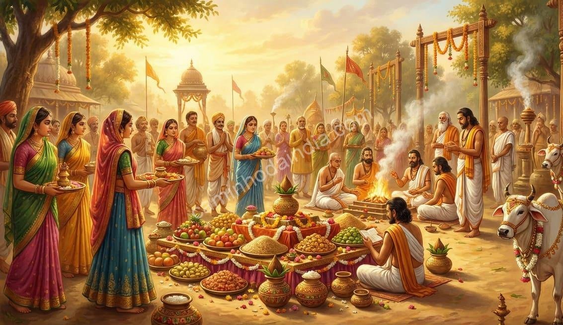 vrindavan-ofertas-a-indra-boa-colheitas Moradores de Vrindavan realizando oferendas a Indra em busca de chuvas favoráveis e uma boa colheita