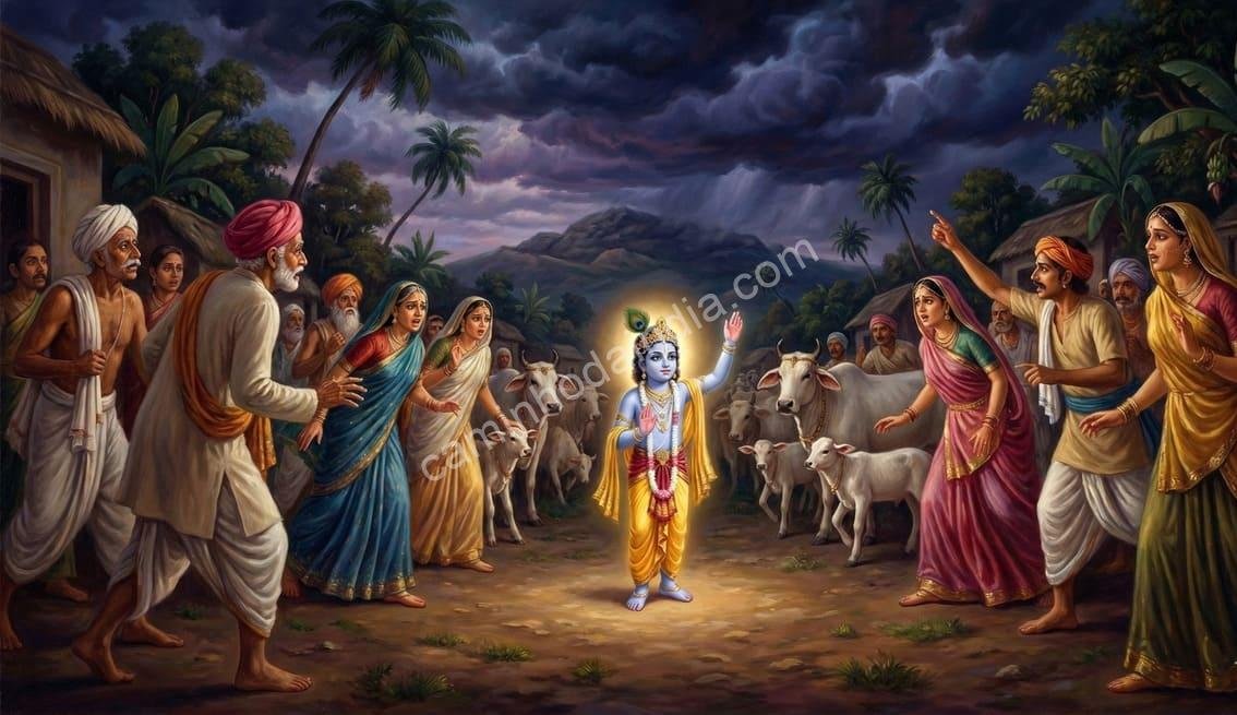 Moradores de Vrindavan correndo até Krishna para pedir ajuda diante das chuvas devastadoras enviadas por Indra