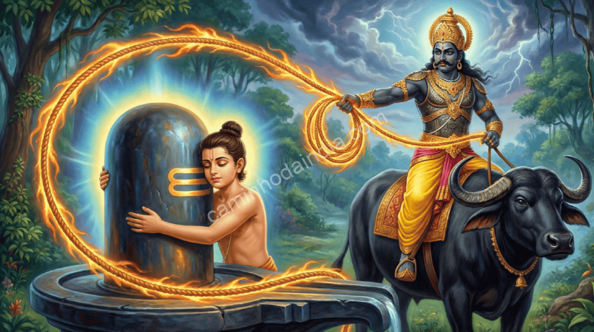 yama-laco-markandeya-shivalingam Yama lançando seu laço e atingindo Markandeya enquanto o jovem se agarra ao Shiva Lingam