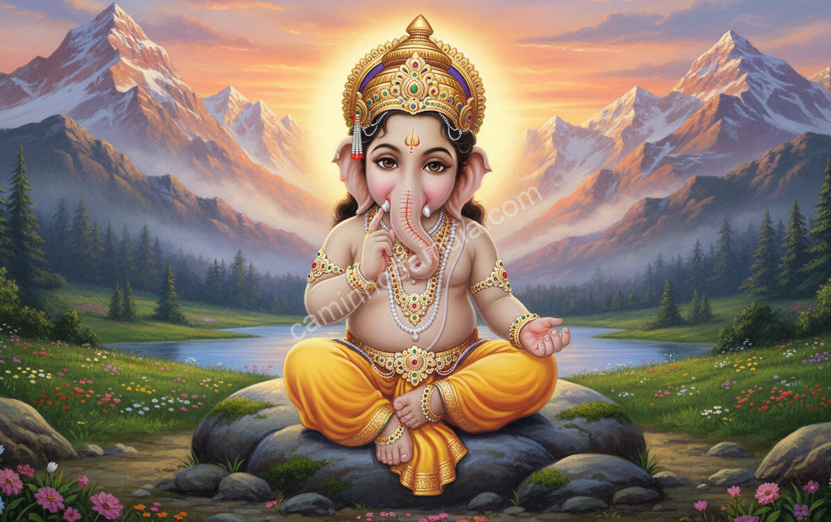 Ganesha em profunda reflexão sobre as palavras de seu pai Shiva