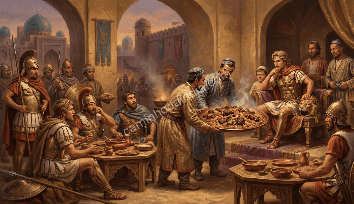 alexandre-o-grande-origem-do-plov-e-difusao-do-pilaf Relato histórico de Alexandre, o Grande, cujas tropas provaram um ancestral do plov em Sogdiana, contribuindo para a difusão do pilaf