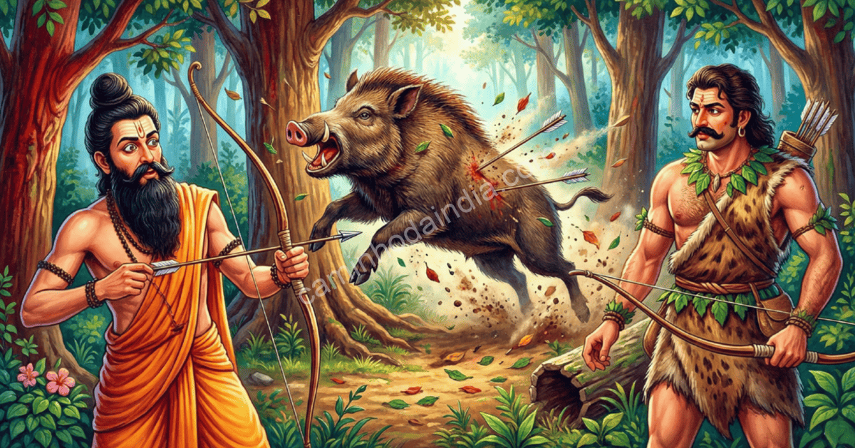 arjuna-cacador-javali-flechas-simultaneas-floresta Arjuna e o misterioso caçador atingindo simultaneamente o javali na floresta