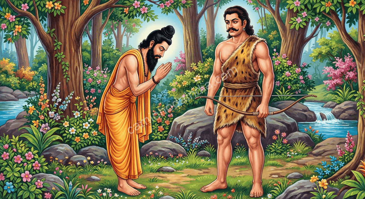 arjuna-curva-se-diante-do-cacador-revelacao-shiva Arjuna curvando-se em reverência diante do caçador ao reconhecer sua natureza divina