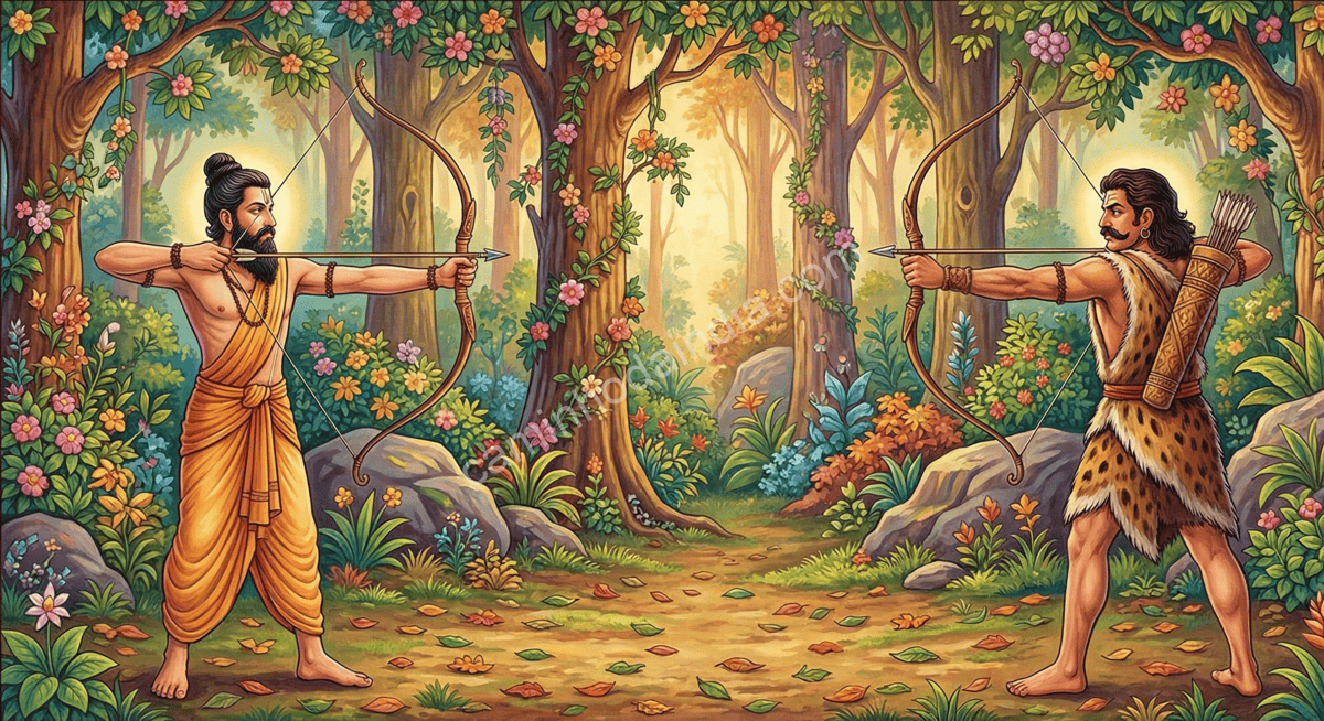 arjuna-e-cacador-kirata-apontando-flechas-confronto Arjuna e o caçador Kirata frente a frente, preparando-se para disparar flechas um contra o outro