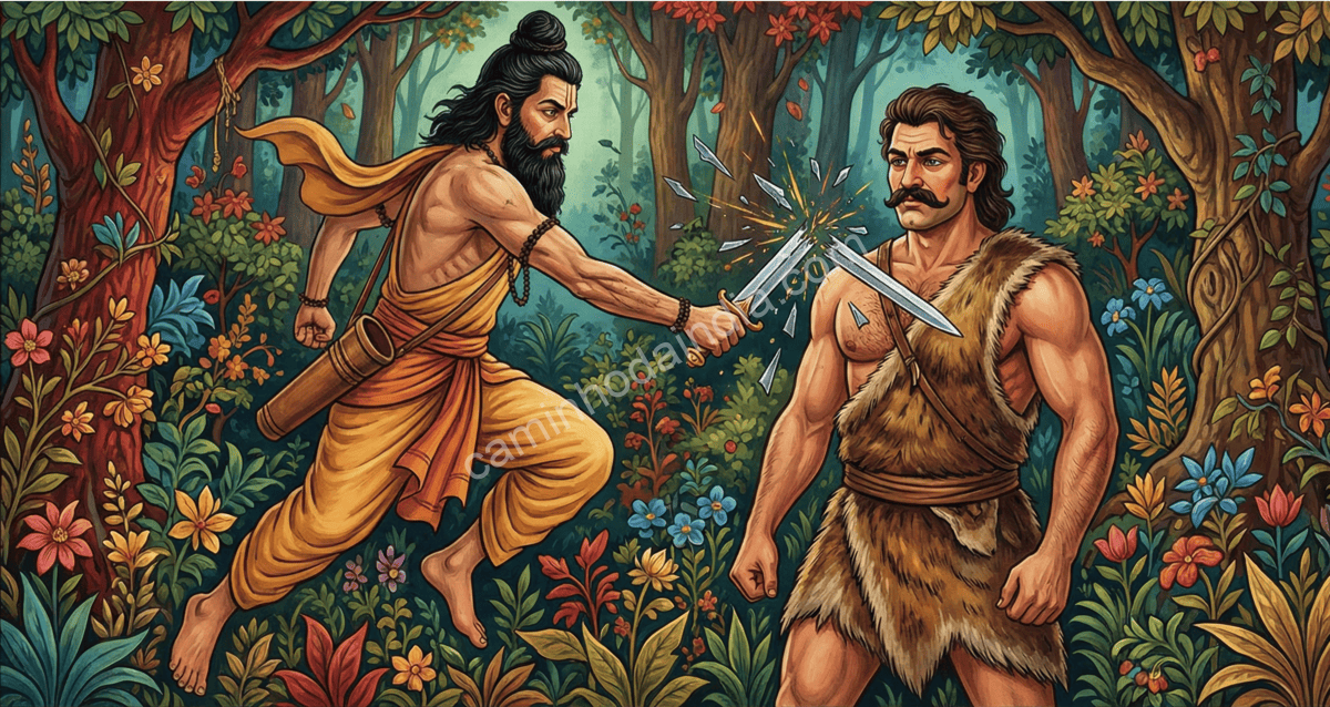 arjuna-espada-quebra-corpo-cacador-kirata Espada de Arjuna se partindo ao atingir o corpo invulnerável do caçador Kirata