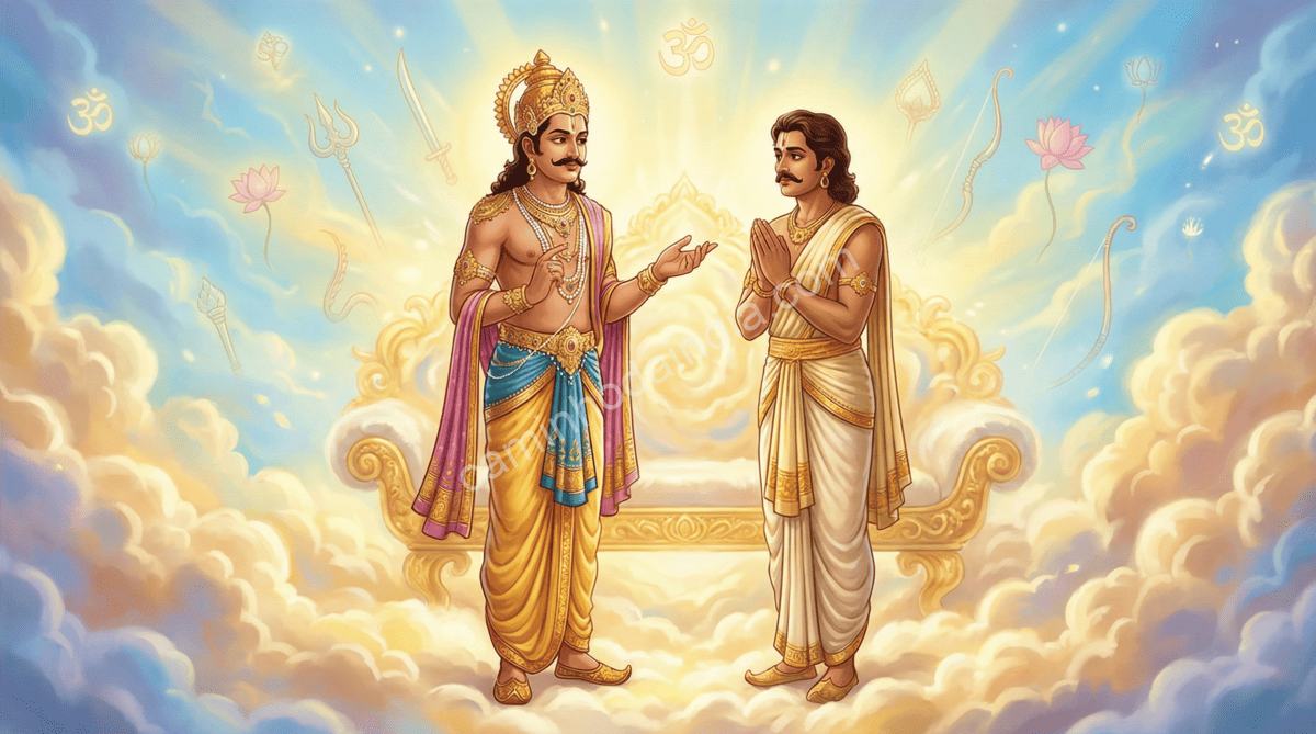 Após receber o Pashupatastra de Shiva, Arjuna chega a Indraloka, onde Indra reconhece sua dignidade e lhe concede o conhecimento de armas celestiais