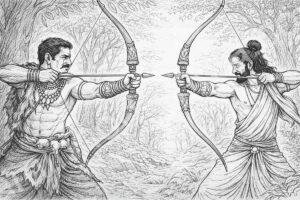Arjuna lutando contra Shiva disfarçado de caçador Kirata na floresta