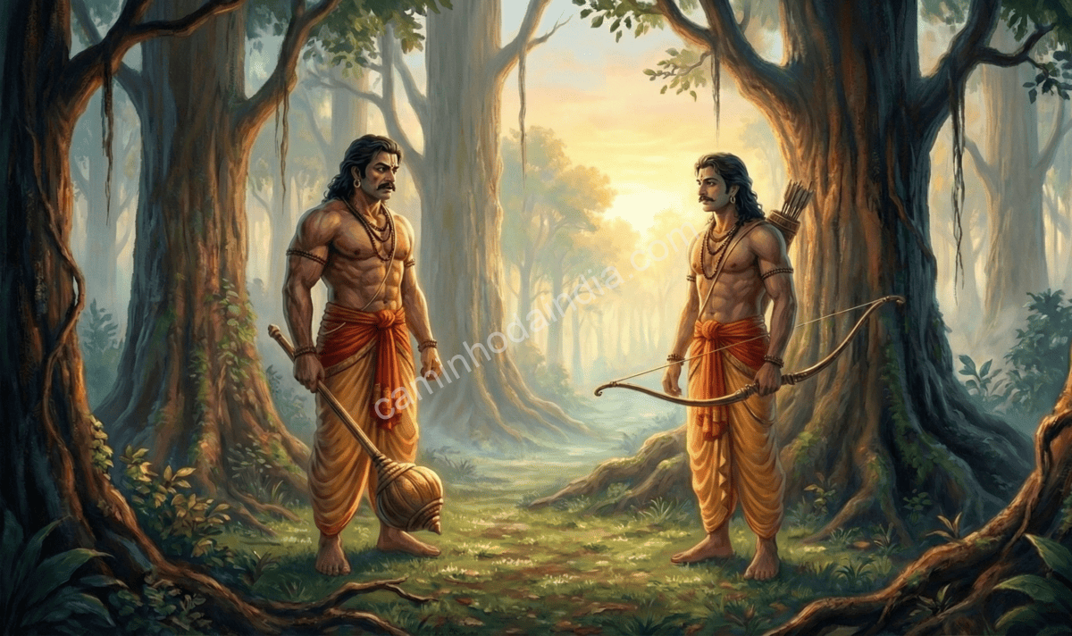 arjuna-partida-solitaria-penitencia-dever-pandavas Arjuna despedindo-se dos Pandavas para iniciar uma jornada solitária de penitência