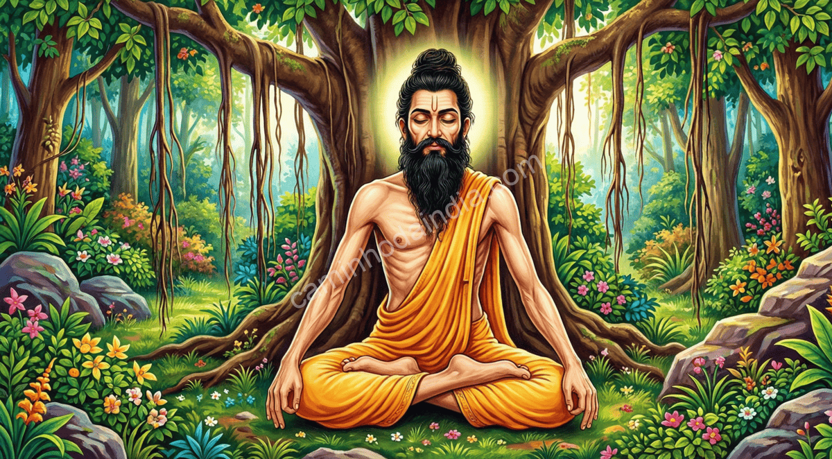 Arjuna em penitência solitária nas florestas e montanhas, em profunda disciplina espiritual