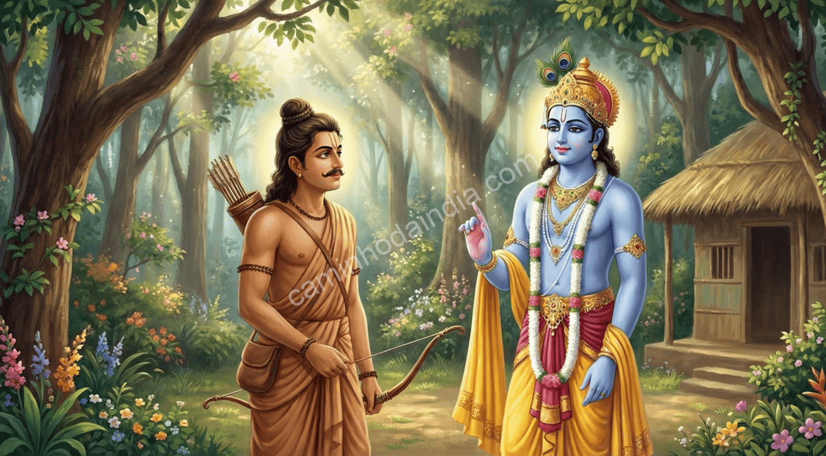 Arjuna refletindo sobre a penitência necessária para agradar Shiva durante o exílio, sob orientação de Krishna