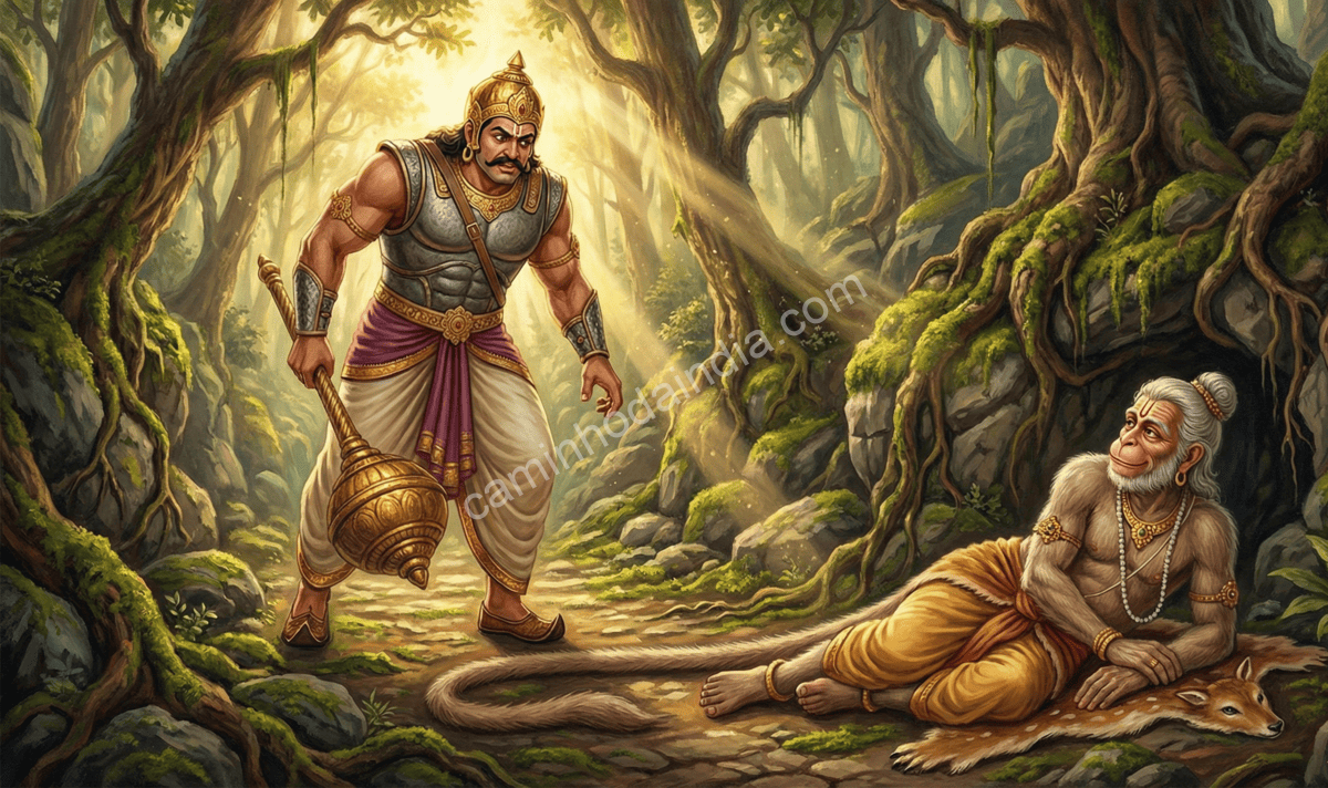 bhima-encontra-velho-macaco-bloqueando-caminho Bhima vendo um velho macaco deitado no caminho, impedindo sua passagem