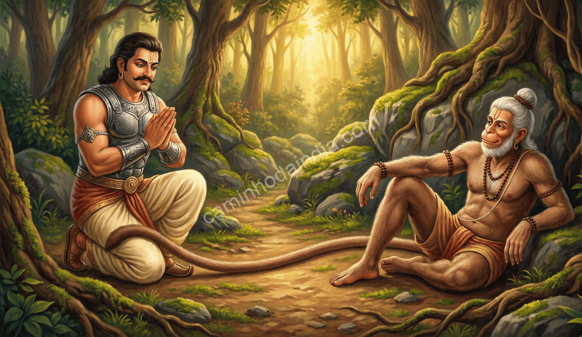 bhima-pede-identidade Com reverência, Bhima une as mãos e pede ao velho macaco que revele quem realmente é, percebendo que está diante de um ser extraordinário