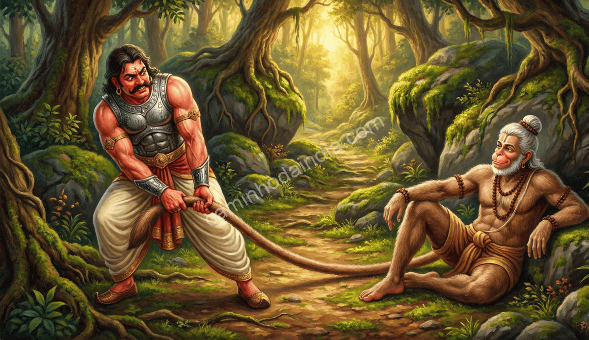 bhima-tenta-mover-cauda-do-velho-vanara Bhima usando toda a sua força para tentar mover a cauda do velho vanara que bloqueia seu caminho