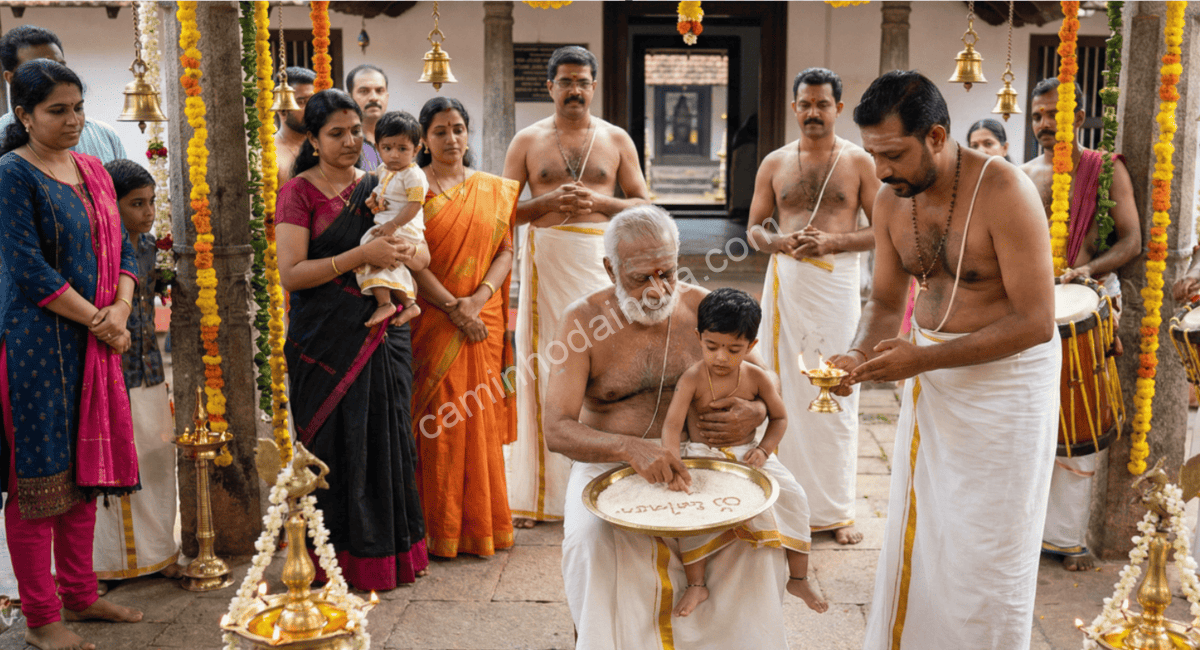 cerimonia-de-vidyarambham-em-kerala Cena da cerimônia de Vidyarambham em Kerala, onde crianças iniciam a aprendizagem
