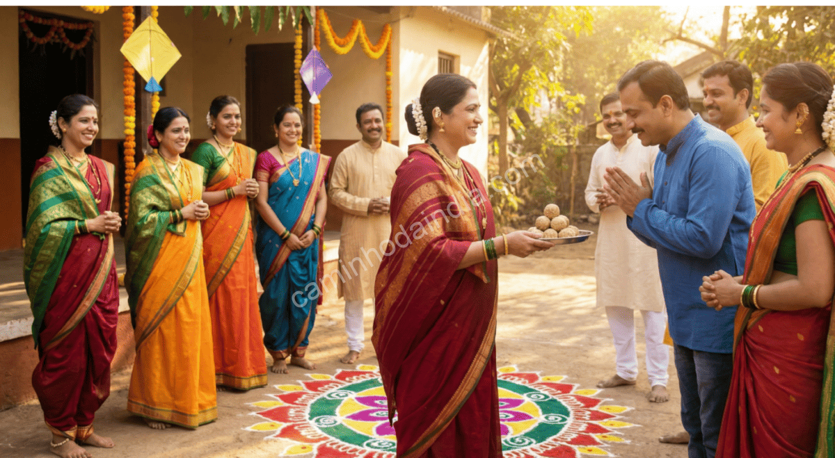 convidados-recebidos-com-tilgul Convidados sendo recebidos com tilgul e a saudação tradicional “Tilgul ghya, god god bola” em Maharashtra