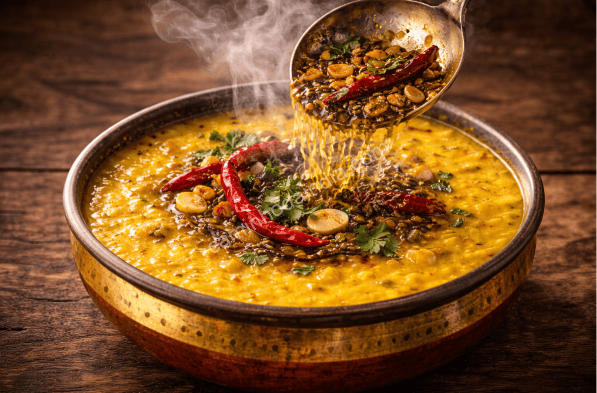 Chiado do tempero quente ao ser despejado sobre o dal cozido no Dal Tadka