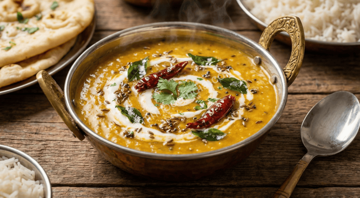 dal-tadka-servido-prato-tradicional-indiano Dal tadka servido em tigela, finalizado com ghee e especiarias