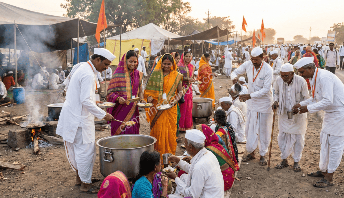 devotos-dindi-seva-pandharpur-yatra Devotos participam da dindi seva durante a Pandharpur Yatra, servindo com devoção e fortalecendo o espírito coletivo da peregrinação