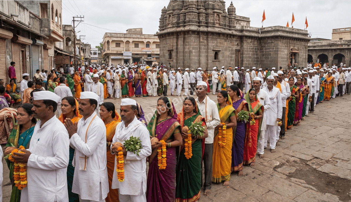devotos-fila-darshan-vithoba-templo-pandharpur Devotos esperando na fila para receber darshan de Vithoba no templo