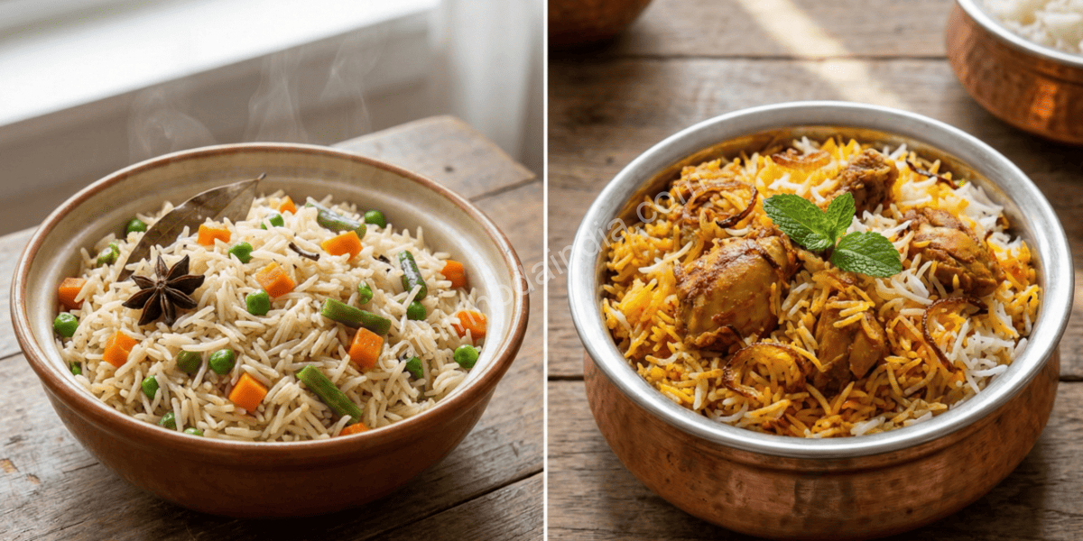 diferenca-entre-pulav-e-biryani-historia-e-preparo Comparação entre pulav e biryani mostrando a técnica de absorção do pulav e as camadas aromáticas do biryani