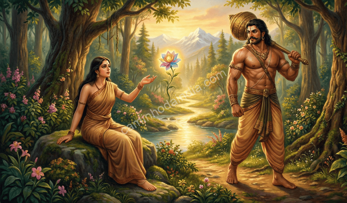 draupadi-pede-a-bhima-flor-divina Draupadi pedindo a Bhima que busque a flor divina Saugandhika para ela