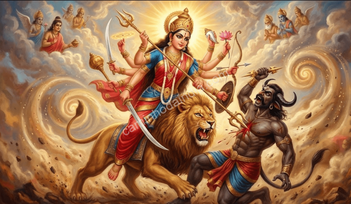Deusa Durga matando Mahishasura durante a batalha
