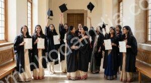 Estudantes indianas celebrando a cerimônia de formatura em uma universidade