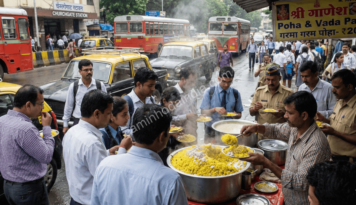 estudantes-trabalhadores-comendo-poha-banca-mumbai-manha Estudantes e trabalhadores comendo poha em uma barraca de Mumbai nas primeiras horas da manhã