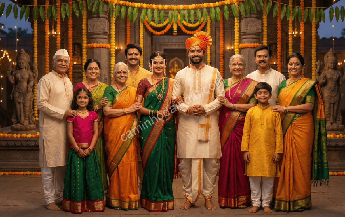foto-de-familia-casamento-tradicional-maharashtra Família reunida para uma foto durante um casamento tradicional de Maharashtra