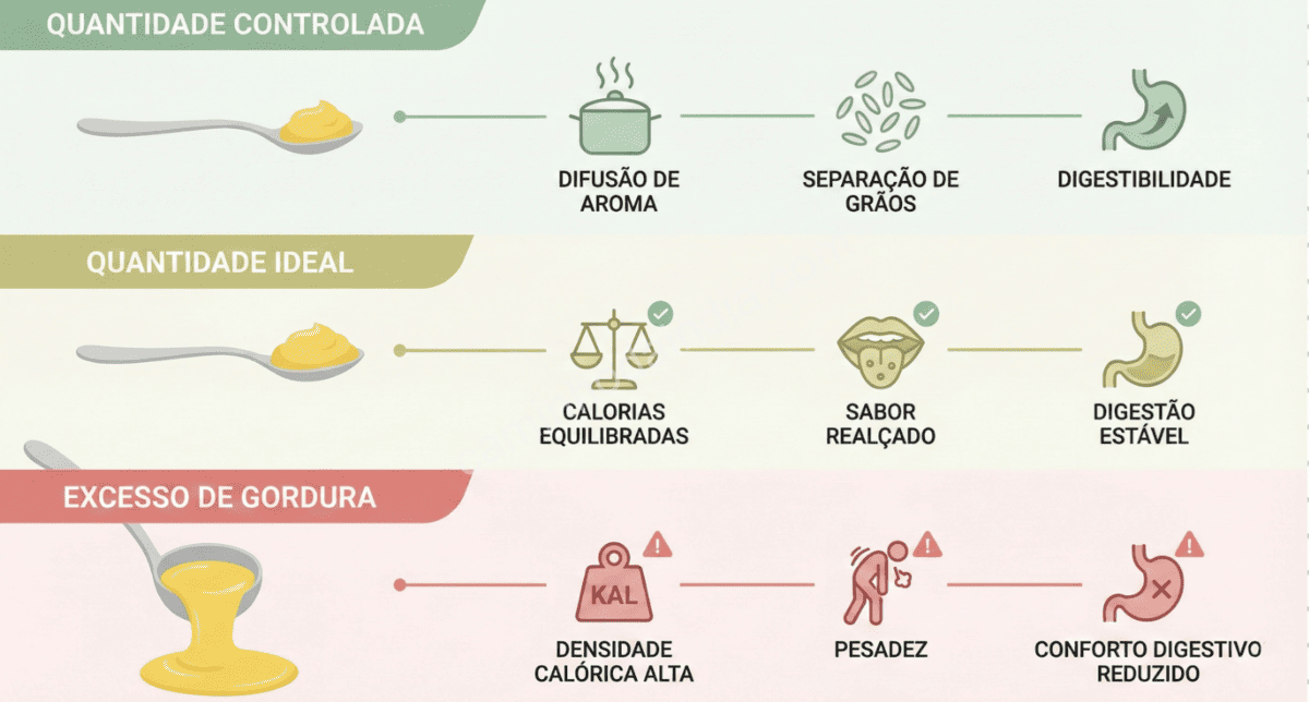 Ghee sendo adicionado ao arroz para pulav, mostrando sua função de conduzir aromas e proteger os grãos