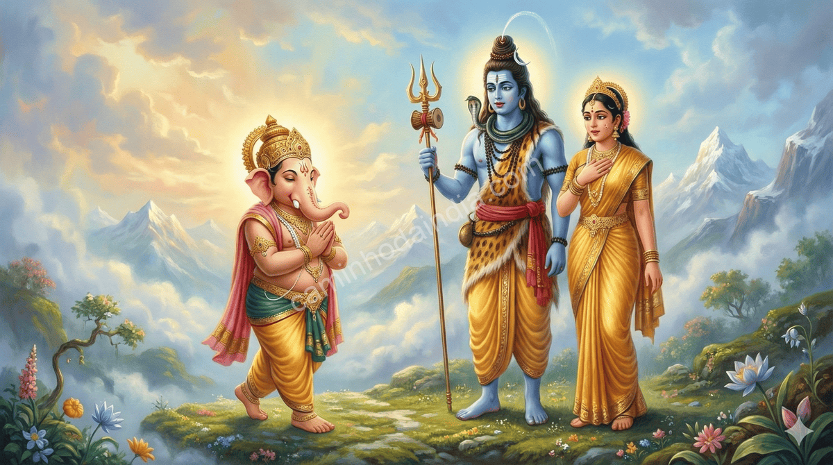 ganesha-dando-voltas-ao-redor-de-shiva-e-parvati Ganesha caminhando em círculos ao redor de Shiva e Parvati com serenidade e sabedoria