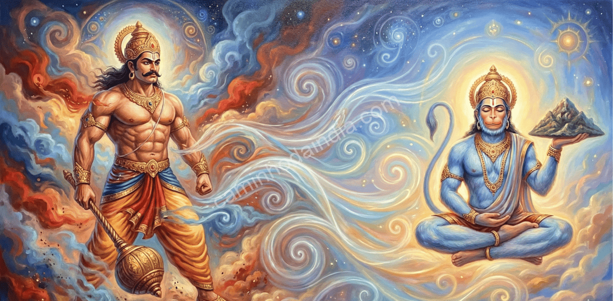 hanuman-bhima-energias-do-mesmo-vayu Hanuman e Bhima irradiando energias provenientes de Vayu, simbolizando sua origem comum