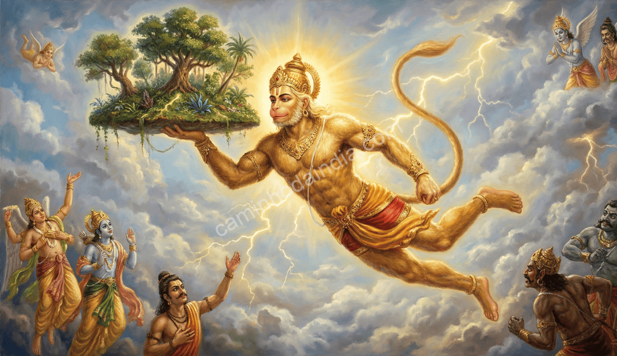 hanuman-carregando-monte-dronagiri-para-salvar-lakshmana Hanuman carregando o Monte Dronagiri inteiro para encontrar a erva que salvaria Lakshmana