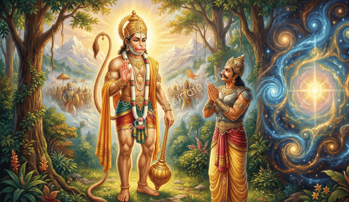 hanuman-explica-a-bhima-forca-interna-e-externa Hanuman explicando a Bhima a diferença entre força interna e força externa