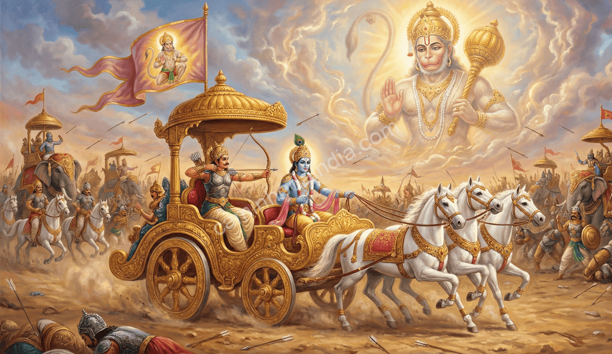 Hanuman oferecendo proteção divina à carruagem de Krishna e Arjuna durante a guerra de Kurukshetra