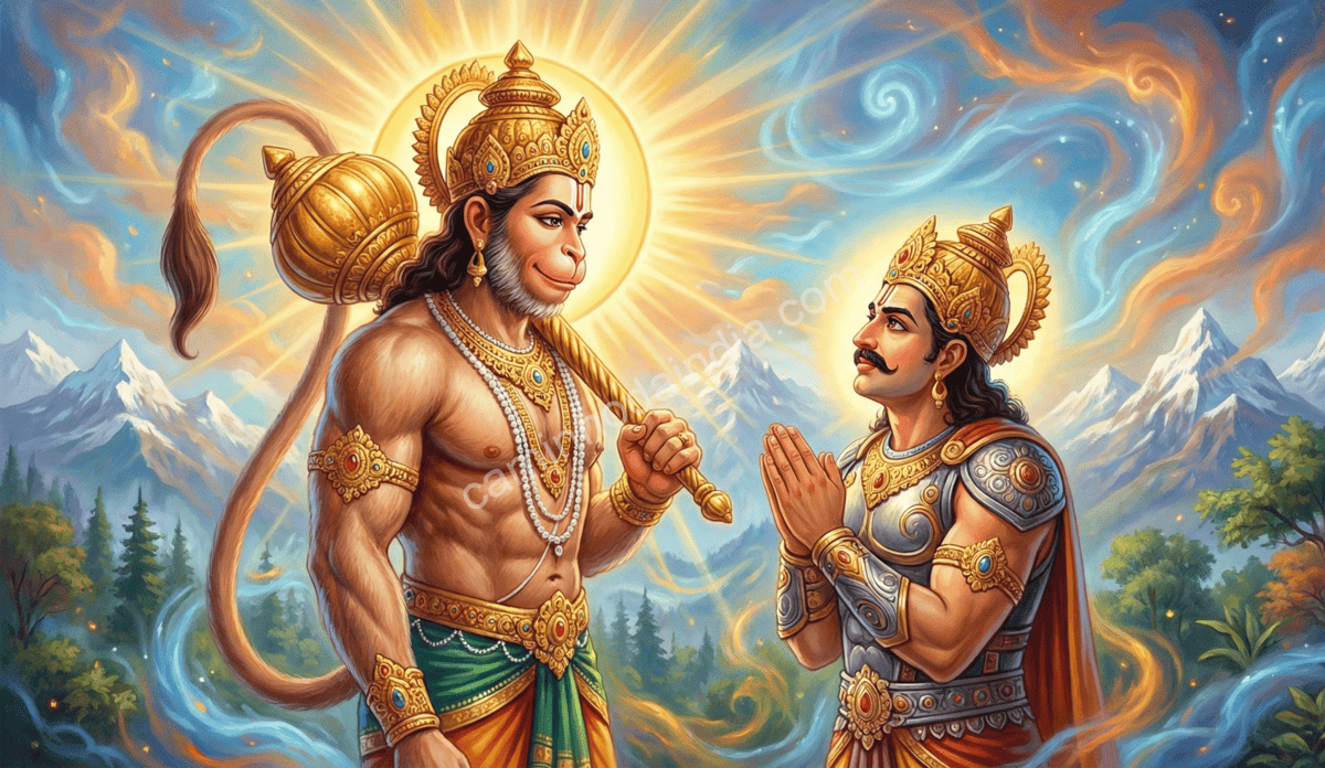 hanuman-revela-verdadeira-identidade-a-bhima Hanuman revelando sua verdadeira identidade diante de Bhima, irradiando brilho e poder divino