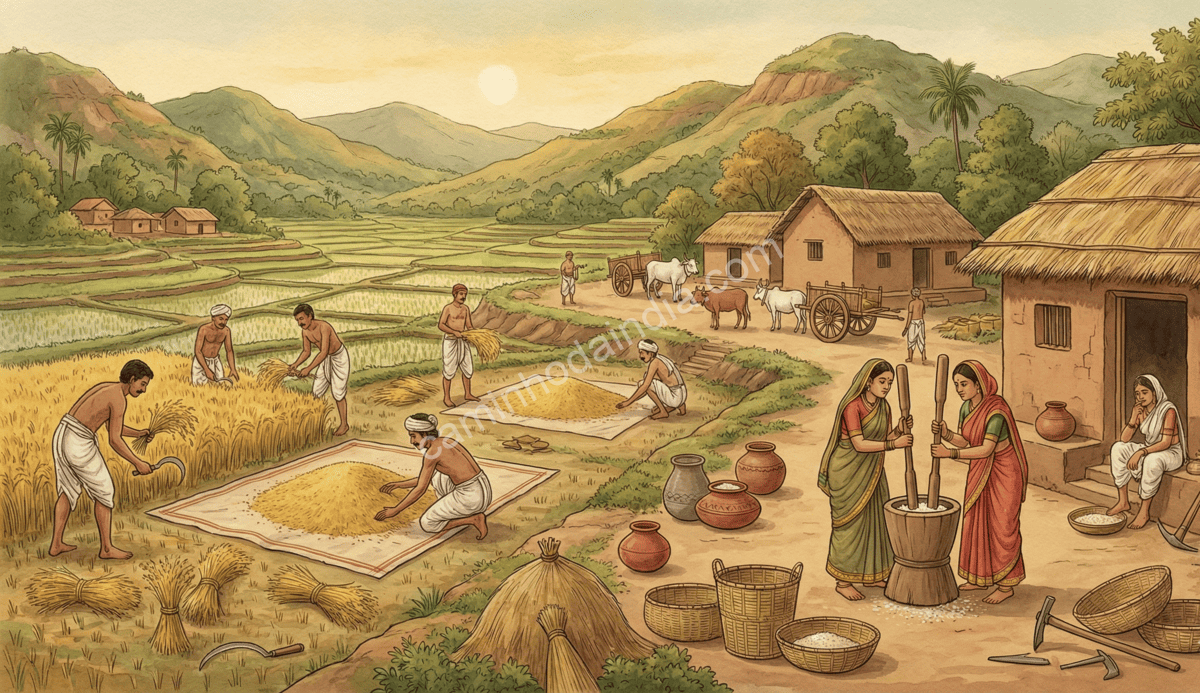 ilustracao-vida-rural-maharashtra-antigo Ilustração da vida rural no antigo Maharashtra, com aldeões, casas tradicionais e atividades agrícolas