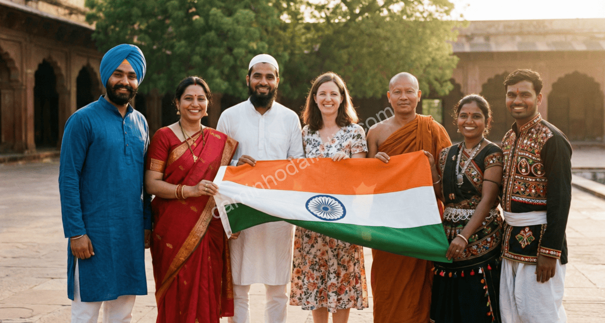 Indianos de diferentes crenças segurando juntos a bandeira da Índia