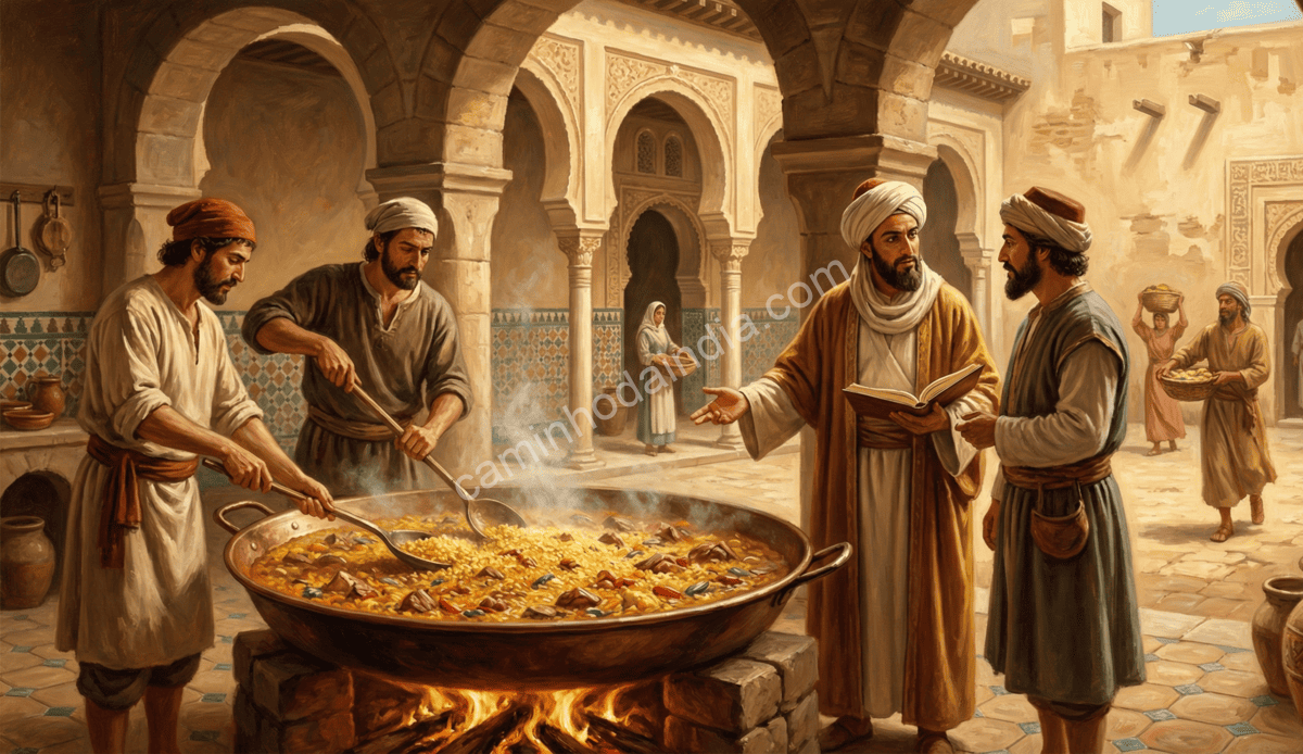 Historiadores relacionam a paella espanhola à tradição do pilaf, destacando técnicas de arroz cozido em caldo aromático