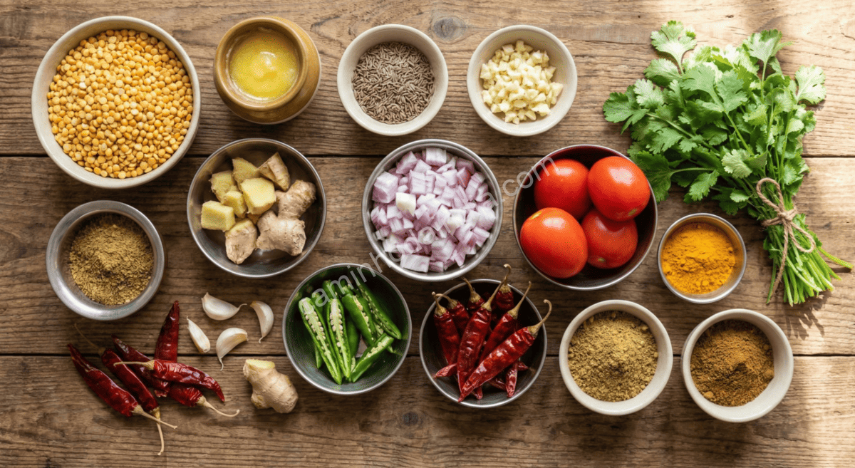 Ingredientes essenciais do dal tadka organizados sobre a mesa antes do preparo