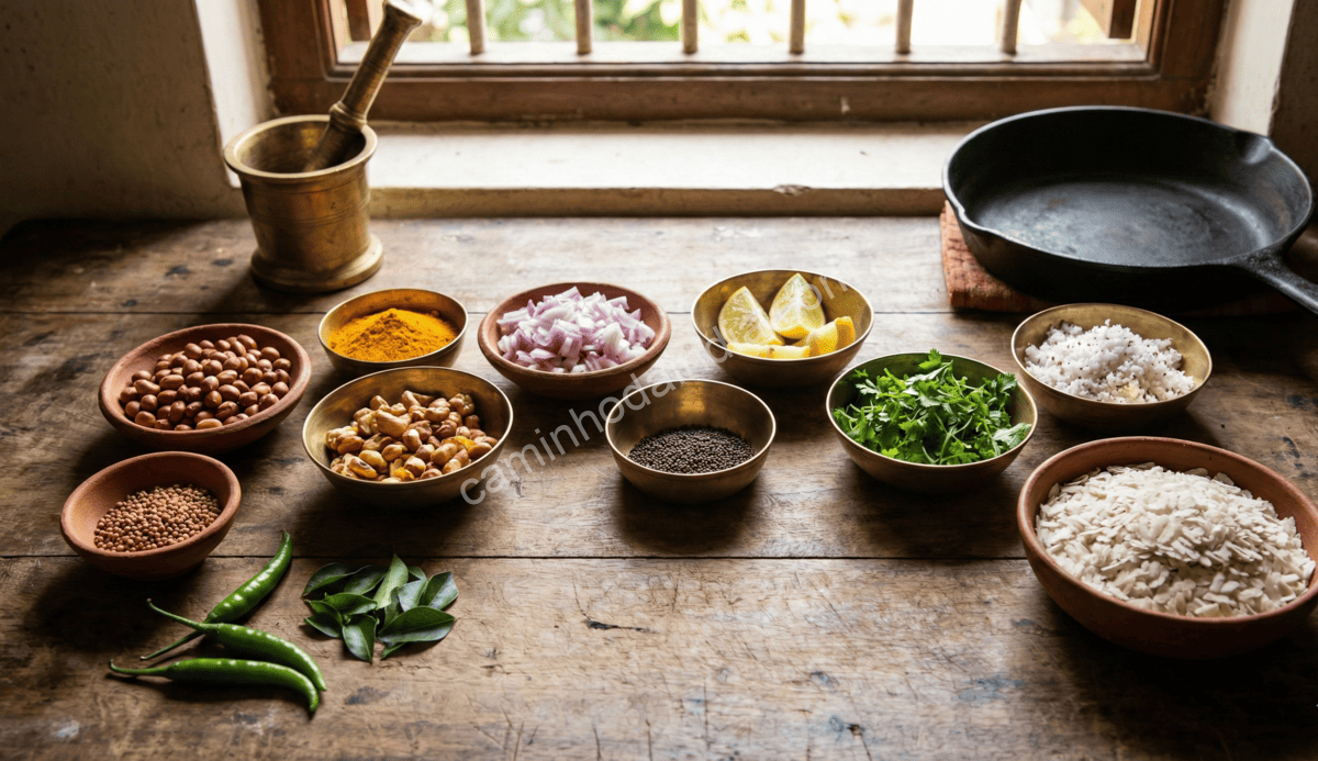 ingredientes-do-poha-organizados-na-mesa Todos os ingredientes necessários para preparar poha organizados sobre a mesa