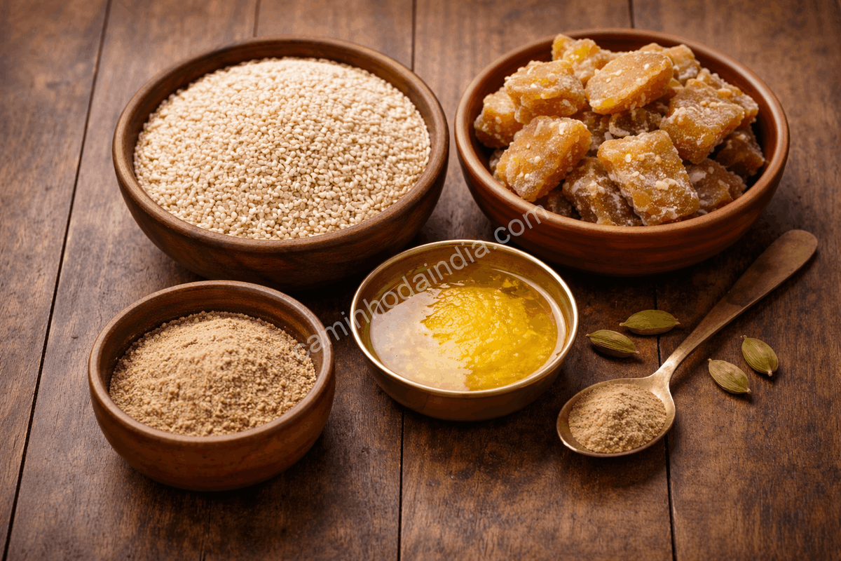 Ingredientes para preparar tilgul organizados sobre a mesa