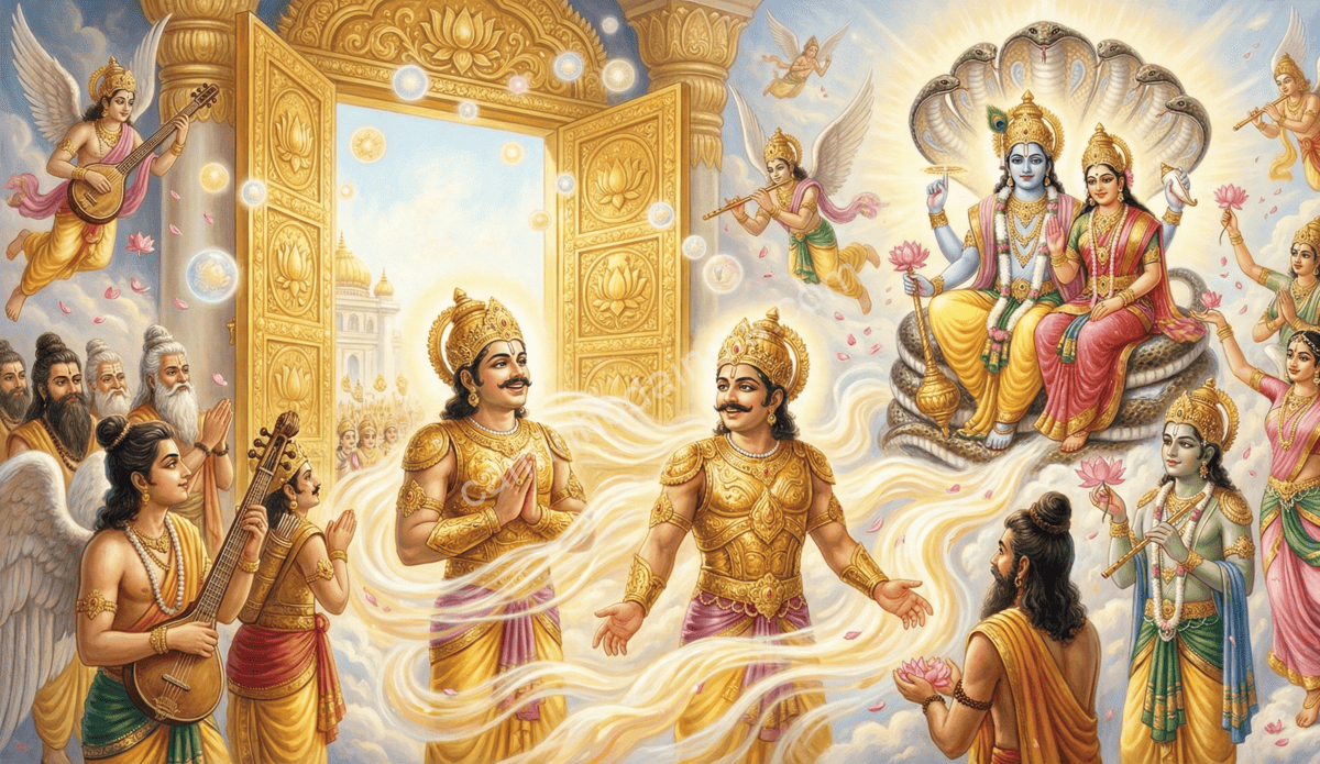 jaya-e-vijaya-retornando-a-vaikuntha-apos-renascimentos Jaya e Vijaya retornando a Vaikuntha após completarem seus ciclos de morte e renascimento